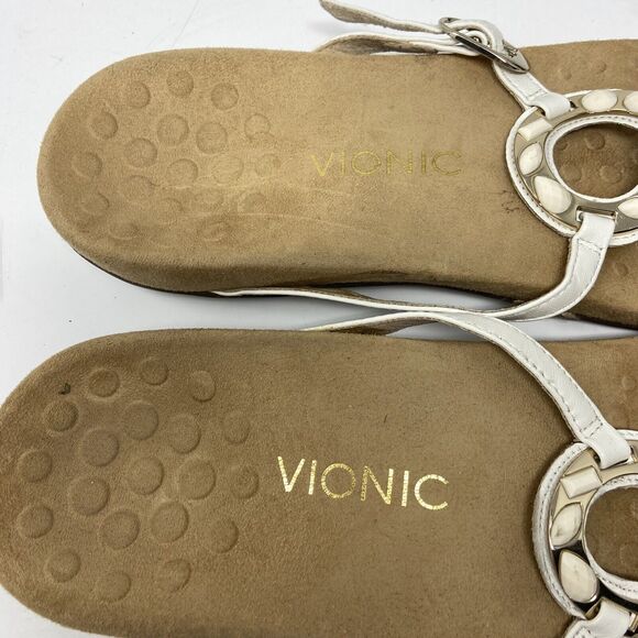 VIONIC White Leather Flip Flop Sandals Embellished Womens 9 - Picture 3 of 5